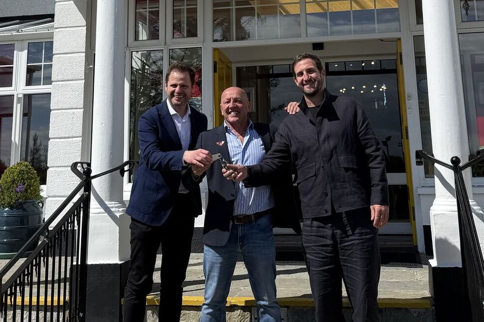 From L-R: John Burke, Marcus White, and Gerry Quinn in front of the Hydro Hotel in Lisdoonvarna. Image: John Burke via LinkedIn